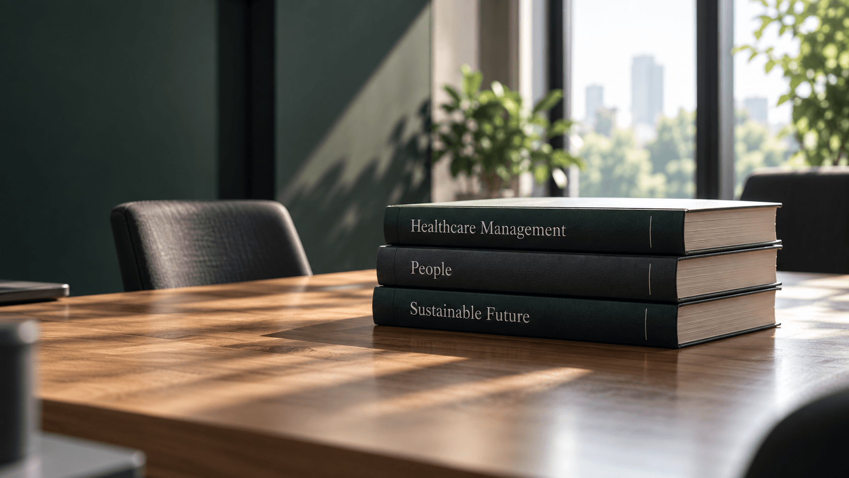 Healthcare Management、People、Sustainable Futureと書かれた3冊の本