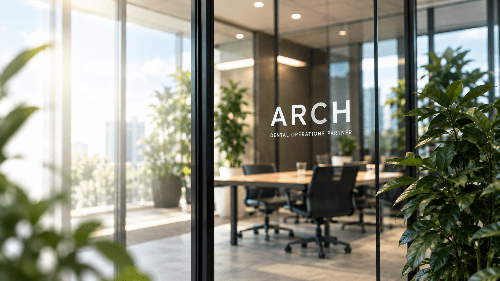 ARCHのブランドサインが置かれたガラス張りの会議空間